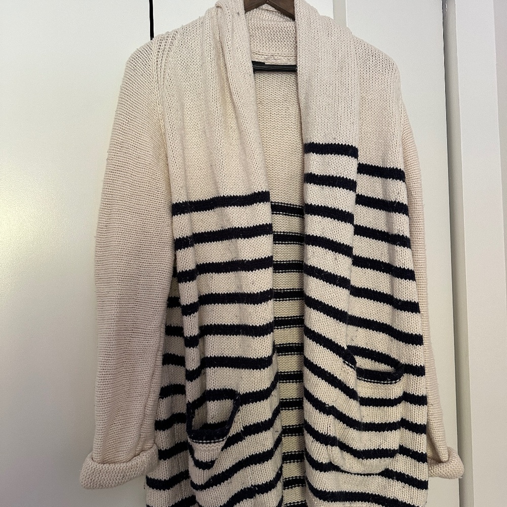 J. CREW Ivory Navy Stripe Cream Sweater Cardigan Knit Merino Cotton (Size S)